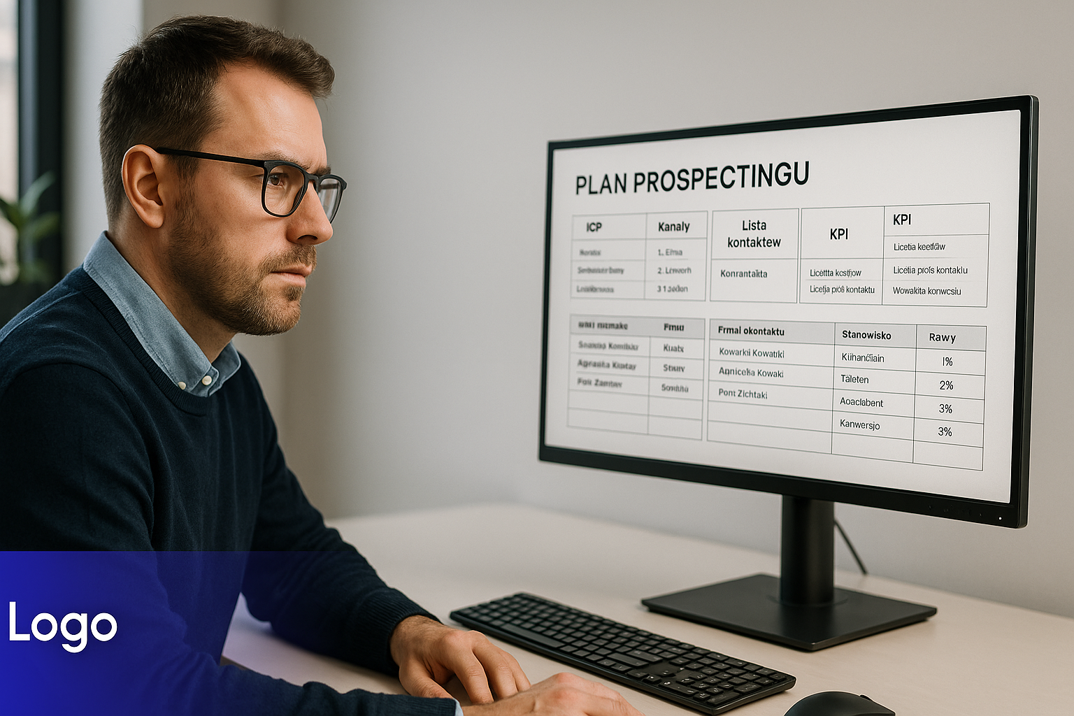 Plan prospectingu B2B na ekranie komputera z listą potencjalnych klientów